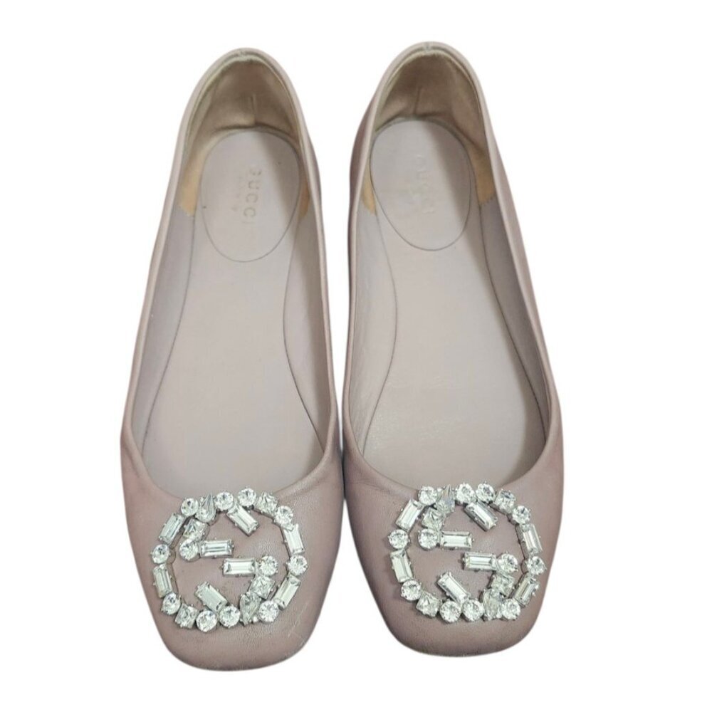 Gucci Women's Ballet Flats Pink Satin Square Toe GG Crystal Logo Designer Shoes - Picture 2 of 14